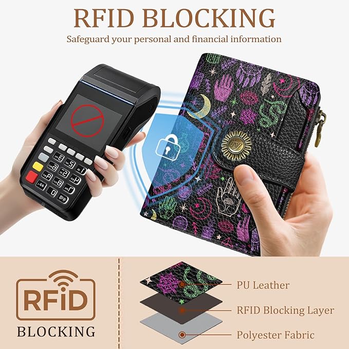 Icycay Goth Gothic Small Wallet Women RFID Blocking Bifold, Credit Card Holder, Zipper Coin Pocket, PU Leather, Magic Witchy, Compact, Travel, 4 ID Window, 14 Card Slots, Cash Purse, Ladies Woman
