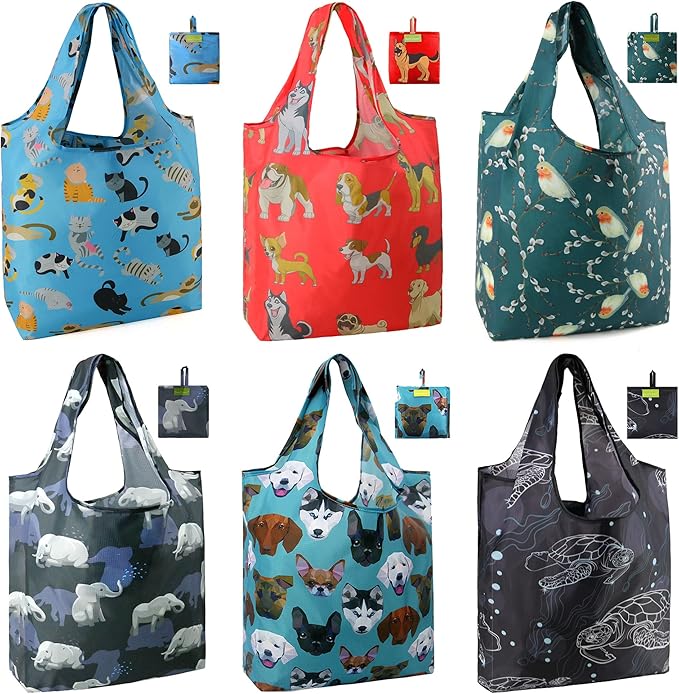 BeeGreen Animal Reusable Shopping Bags Cute Grocery Bag 6 Pack, Christmas Gift Bags Heavy-Duty Foldable Shopping Totes for Supermarket, Work & Travel, Large Washable Polyester Tote Bag with Handles