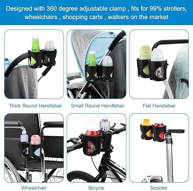 Accmor Stroller Cup Holder, Universal Cup Holder for Walker Wheelchair Bike, 360° Rotatable Stroller Cup Holder Attachment Accessories for Walker, Wheelchair, Scooter