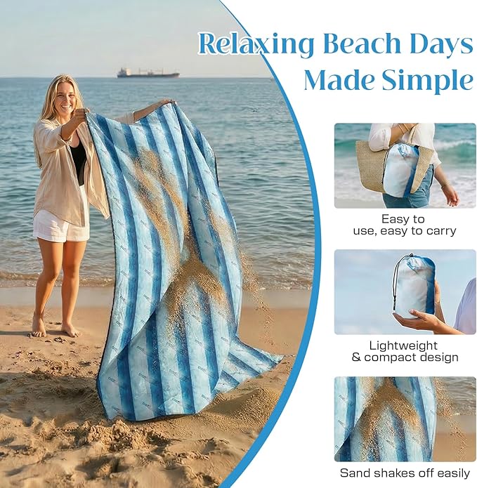 OIGAE Family Beach Blanket, 7×8 ft Sand-Free Picnic Mat for 1–4 People, Quick-Dry Lightweight Outdoor Blanket with Stakes & Corner Pockets, Drift Bottle