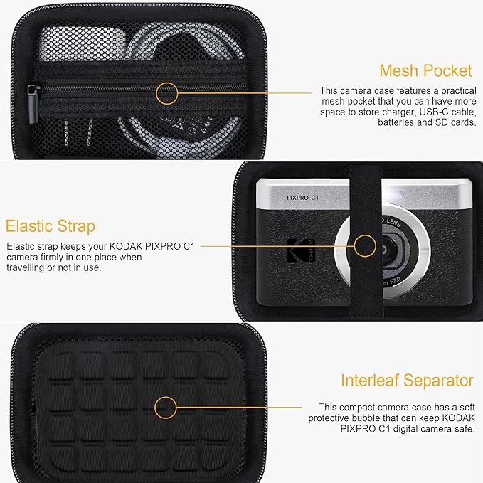 RAIALL Carrying Case for KODAK PIXPRO C1 Friendly Zoom Digital Camera, Point and Shoot Vlogging Camera Hard Travel Bag, Mesh Pocket for Charging Adapter, SD Card, USB Cable and Batteries, Black