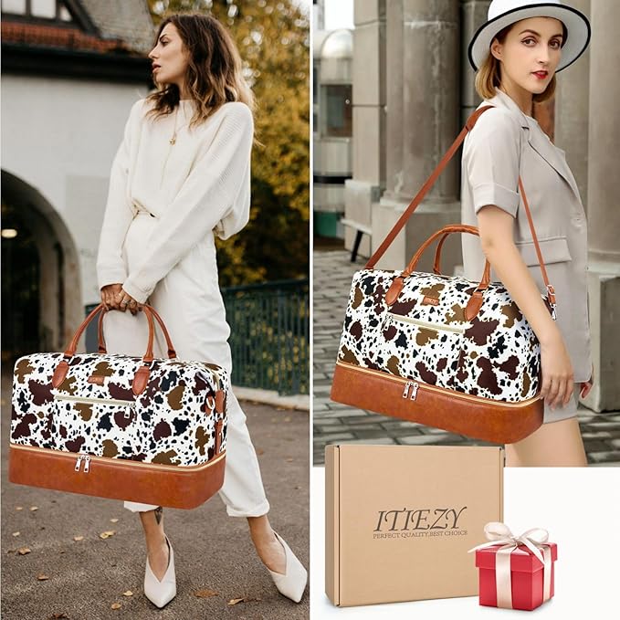 ITIEZY Weekender Overnight Bag for Women - Large Travel Duffel Bag with Shoe Compartment, Gym Duffel Bag Hospital Bag Carry On Tote Bags for Airplanes with Crossbody Bag Toiletry Bag 3Pcs Set