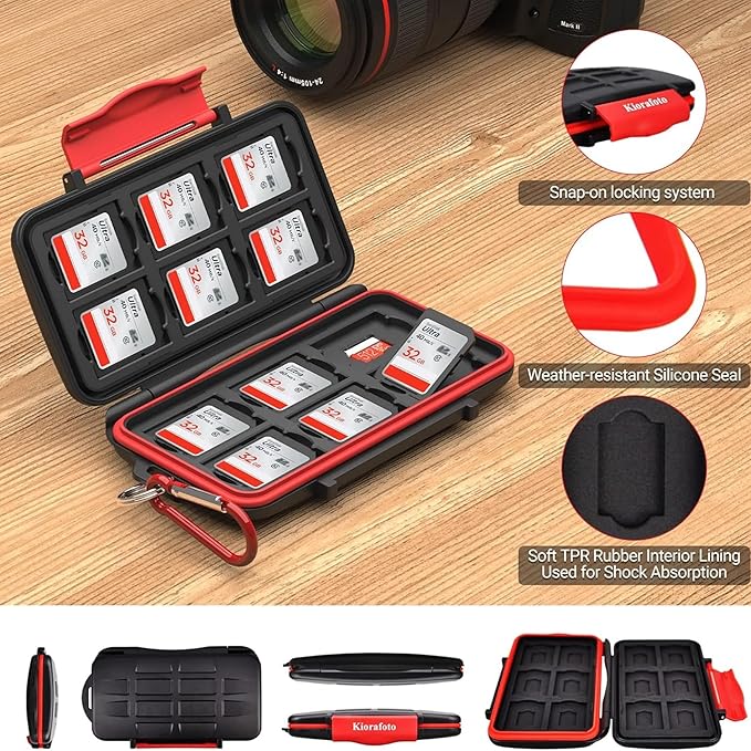 Kiorafoto Professional IPX5 Water-Resistant Anti-Shock Holder Storage SD SDHC SDXC TF MSD Memory Card Case Protector with Carabiner for 12 SD Cards & 12 Micro SD Cards