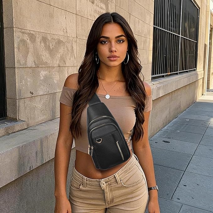 GAEKEAO Sling Bag for Women Vegan Leather Crossbody Bags Travel Fanny Pack Chest Bag Purse with Adjustable Wide Guitar Strap