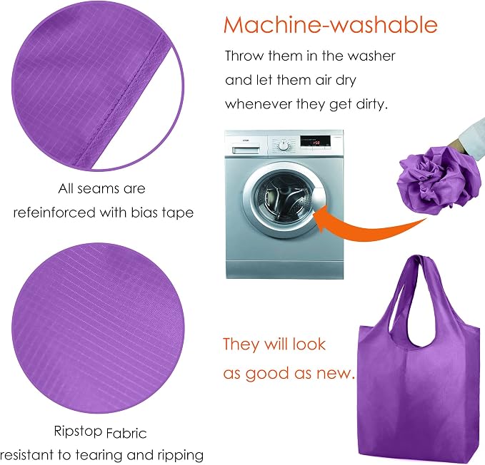 BeeGreen Purple Reusable Grocery Bags Wholesale Purple Reusable Kitchen Bags Bulk Foldable-Machine Washable with Zipper Storage Pouch 10 Packs