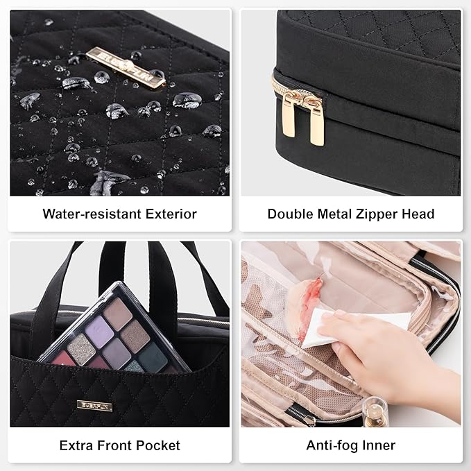 Everfun Travel Toiletry Bag with Hanging Hook and Leakproof Wet/Dry Compartments, Large Capacity Makeup Cosmetic Organizer for Women, 11x7.75x4.5 Inch, Black