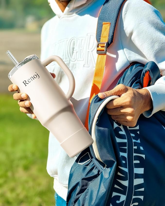 Renoj Insulated Mug 100% Spill Resistant Insulated Water Bottle for Iced Coffee & Hot Drinks - Fits Car Cup Holder, Ideal Gift, 2 Straws & Silicone Boot - FlexSlide White 40 oz