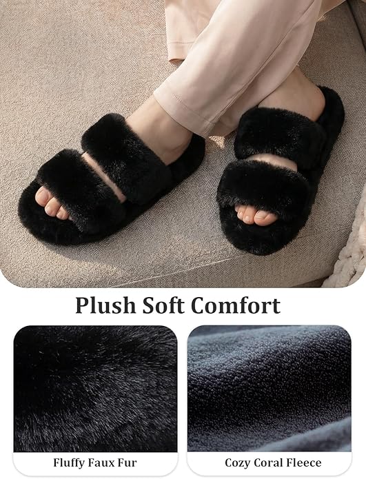 FamilyFairy Women's Fluffy Faux Fur Slippers Comfy Open Toe Two Band Slides with Fleece Lining and Rubber Sole