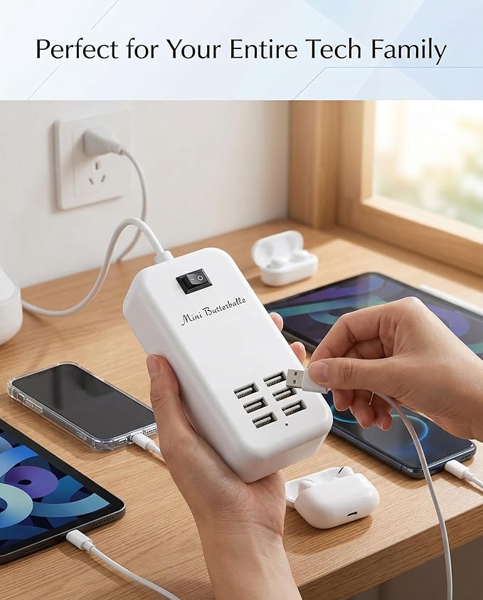 6 Ports USB Charger Hub Desktop US Plug AC Power Wall Travel Charging Adapter Slots Charging Station Extension Socket Outlet with Cable