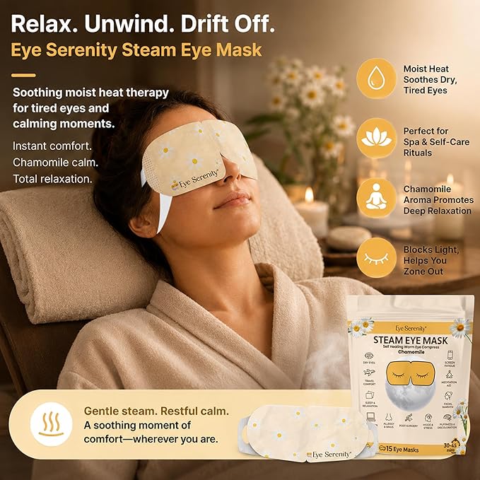 Lure Essentials Steam Eye Mask, Heated Eye Mask, Self Heating Warm Compress for Dry Eyes, Fast Relief for Stye, Puffy Sensitive Eyes, Moist Heat, Relaxation Gifts for Women and Men - Chamomile
