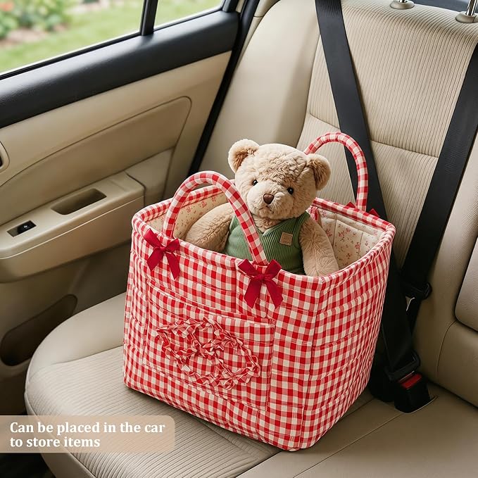 Floral Fabric Storage Basket Car Interior Storage Basket Underwear Sundries Laundry Baskets Supplies Home Organizer Bag (Red plaid)