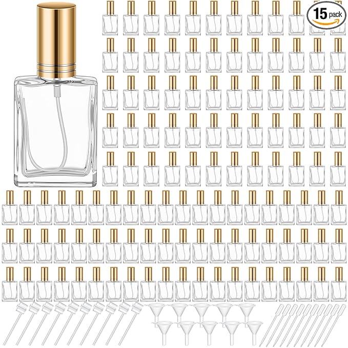 Domensi 15 Pcs 10/15/30/50 ml Glass Perfume Bottles Mini Glass Empty Spray Atomizer Bottles Bulk Refillable Perfume Dispenser Container with Pump Tool for Travel Skin Care (15 ml,Gold)