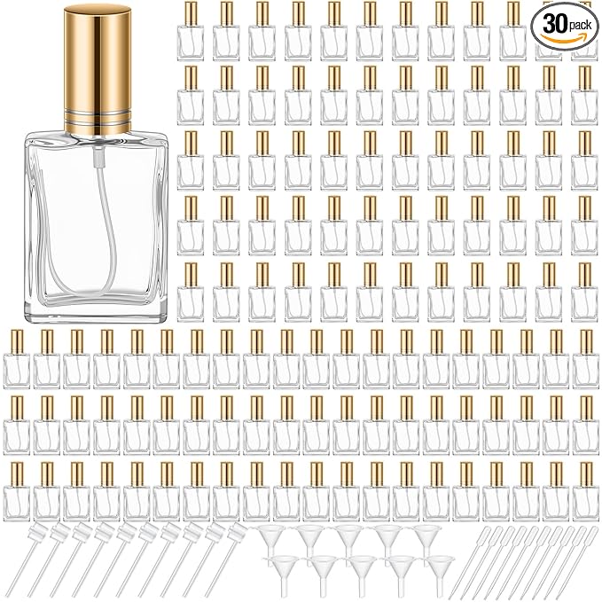 Domensi 30 Pcs 10/15/30/50 ml Glass Perfume Bottles Mini Glass Empty Spray Atomizer Bottles Bulk Refillable Perfume Dispenser Container with Pump Tool for Travel Skin Care (15 ml,Gold)