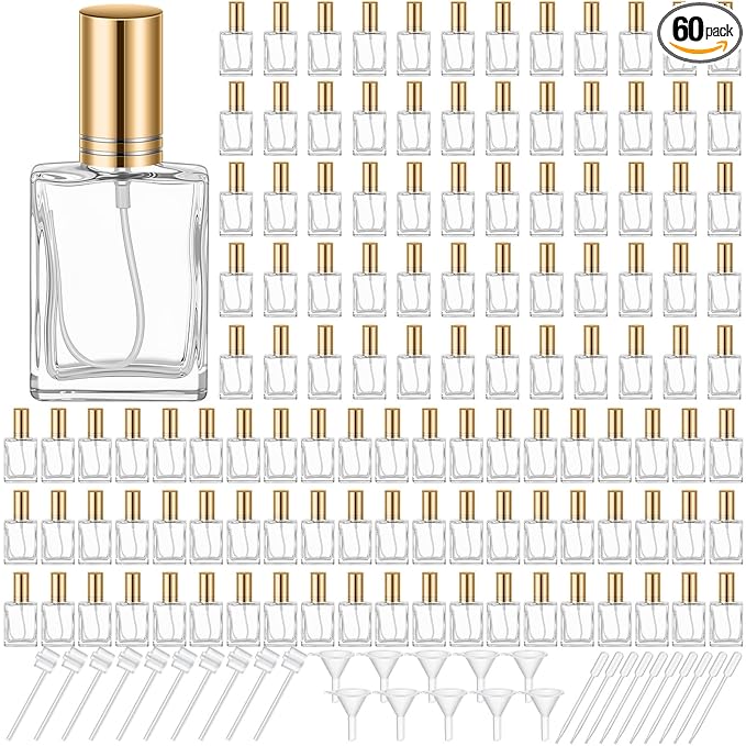 Domensi 60 Pcs 10/15/30/50 ml Glass Perfume Bottles Mini Glass Empty Spray Atomizer Bottles Bulk Refillable Perfume Dispenser Container with Pump Tool for Travel Skin Care (15 ml,Gold)