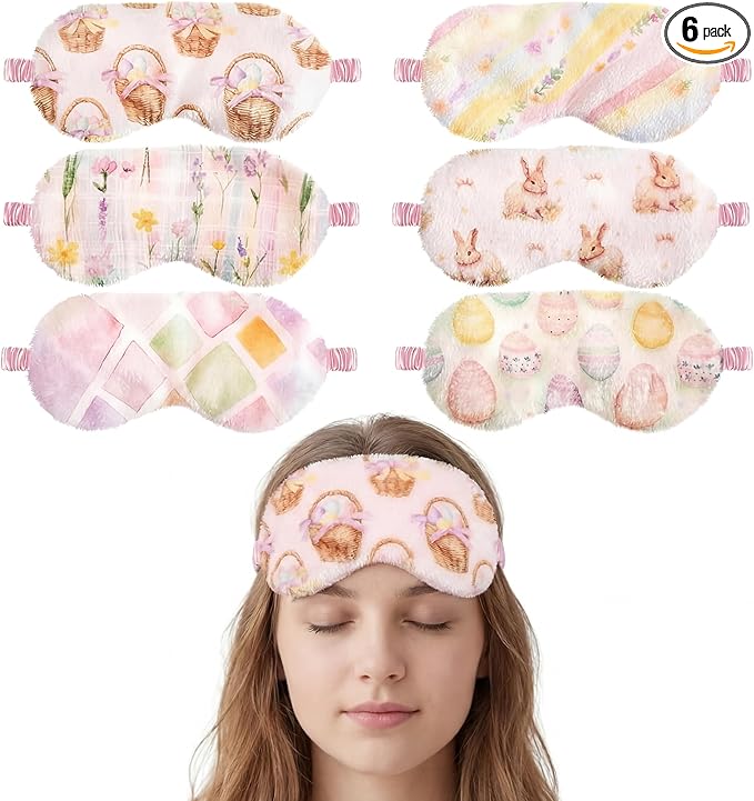 Cuffbow 6 Pack Plush Sleep Mask Set, Cute Plush Eye Masks for Sleeping, Soft Comfortable Travel Nap Blindfold, Sleepover Party Favors for Women(Easter,Light)