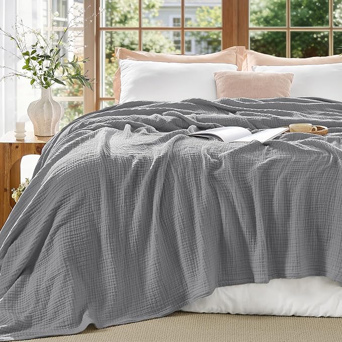 BEDELITE 100% Cotton Muslin Blankets for Adults - 4-Layer King Size Breathable and Lightweight Gauze Blanket for Couch, Bed, Travel and Summer, Soft & Cozy Gift for Women, Grey, 108"x90"