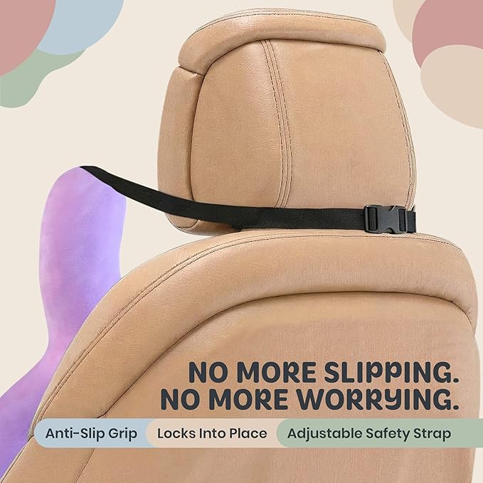 Kids Car Sleeping Pillow - H-Shaped for Neck & Back Support - Hands & Seat Belt Slot - Machine Washable & Compressible - Perfect for Car, Plane, Train, Boat & More - Purple