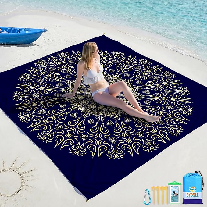 BYDOLL Beach Blanket Waterproof Sandproof Large Sand Free,78''X81''/10'X9' Oversized Sandless Lightweight Blanket Picnic Mat for Beach Travel Camping Hiking with Stakes