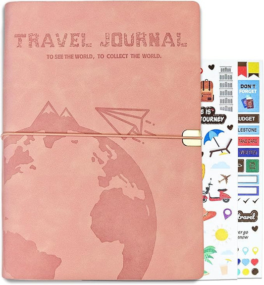 GoShambar Travel Journal for Women Men, Leather Travel Scrapbook Notebook & Adventure Book Travel Planner Memory Diary, Travel Gifts (Pink)