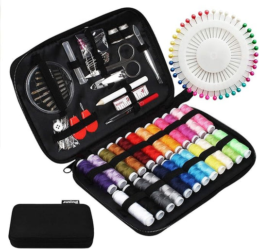 JUNING Sewing Kit with Case, 130 pcs Sewing Supplies for for Mom Grandma Women Men Home Travel and Emergency, Contains 24 Spools Threads, Sewing Needles, Scissors, Thimble, Measuring Tape and More