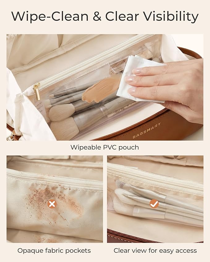BAGSMART Makeup Bag Travel 3 Pcs Set Cosmetic Bag, Large Make Up Bag Flat Open Toiletry Bag for Women, PU Leather Travel Essentials Organizer Case, Wide-open Pouch for Skincare, Brushes, Camel