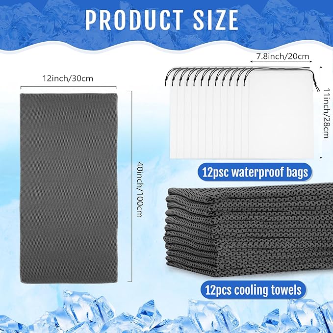 Hosuly 12 Pcs Cooling Towels for Face and Neck 12 x 40 Inch Workout Towels for Gym Fast Drying Hot Weather Sweat Rag Cold Cooling Cloth with 12 Bags Athletes Sport Yoga Golf(Dark Gray)