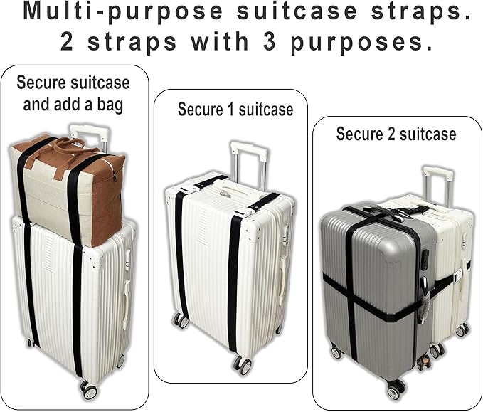 Multi-Purpose Luggage Straps, Carry On Strap for Add a Bag to Suitcase, Travel Belt Use for Securing Suitcase and Connect Two Suitcase, Black 2 Pack