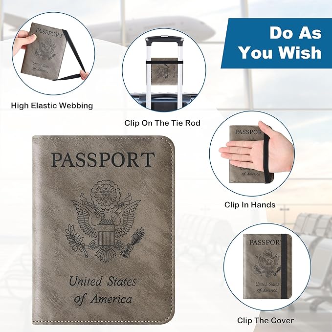 Airtag Passport Holder for Travel Essentials Wallet Rfid Blocking Cover Leather Case Vacation Travel Accessories for Women Men (601#Grey)