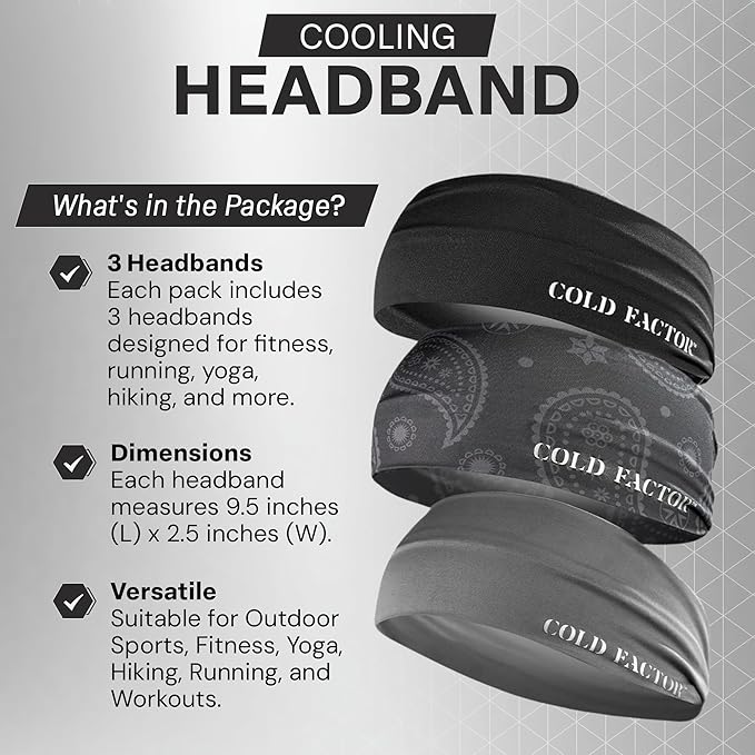 COLD FACTOR Cooling Headband for Women and Men – UPF 50+ Advanced Evaporative Comfort, Instant Cooling Sweatband for Outdoor Sports, Fitness, Yoga, Hiking, Running, and Workout