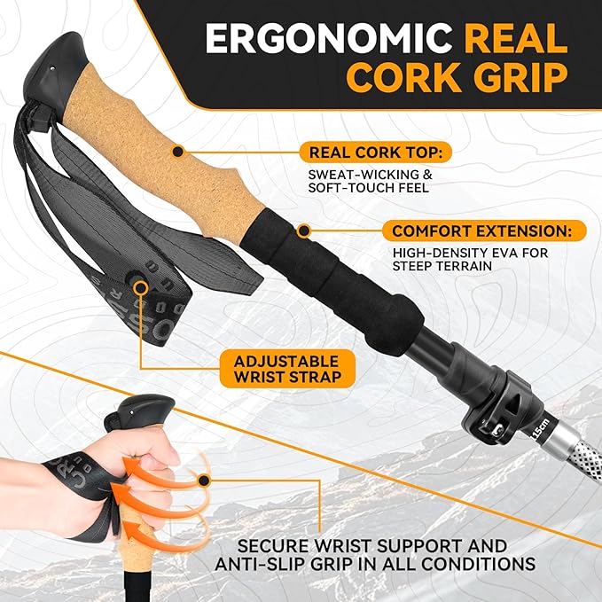 Collapsible Trekking Poles for Hiking - Lightweight Adjustable Aluminum Folding Hiking Poles, Cork Grip Walking Sticks for Seniors, Women & Men (2 Pack)