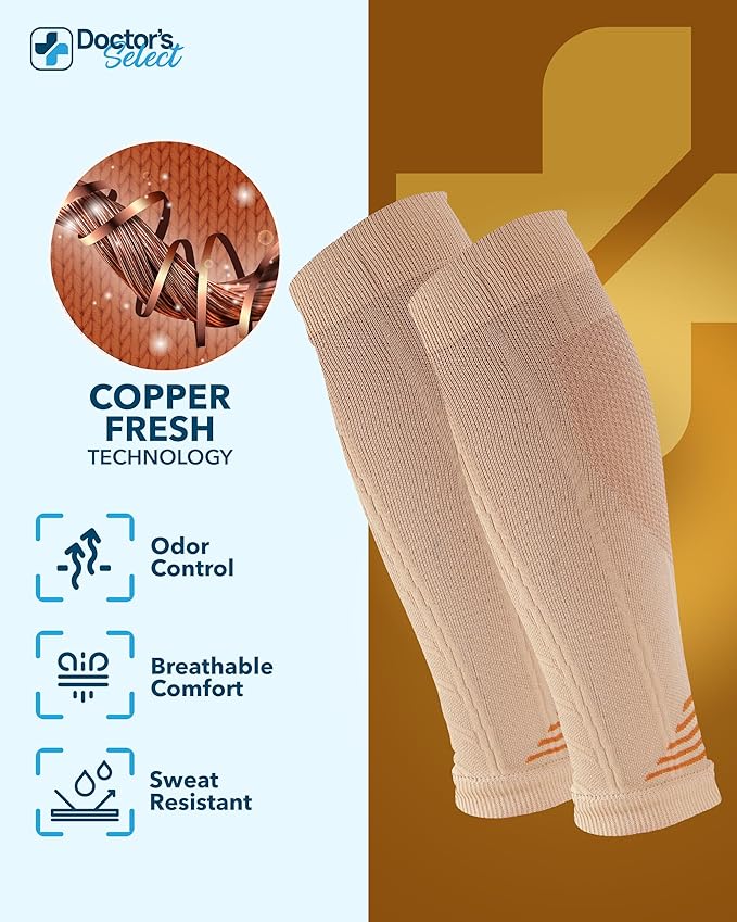 Doctor's Select 2 Pairs Copper Calf Compression Sleeve - Leg Compression Sleeves for Women & Men, Shin Splint Relief