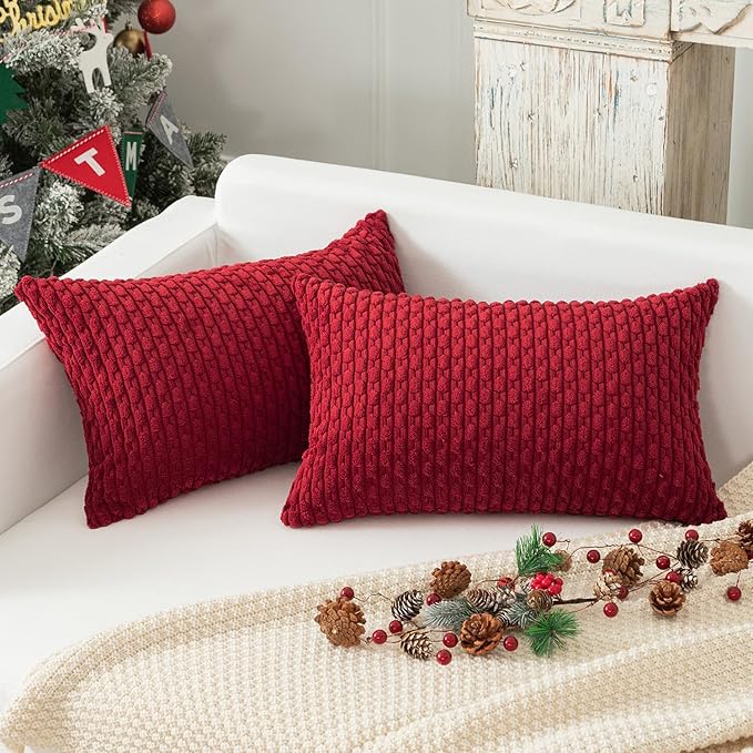 Kevin Textile Valentines 14x24 Inch Pillow Cover 1 Pack Boho Decorative Soft Striped Corduroy Lumbar Farmhouse Color Accent Rectangle Cushion Case for Living Room Couch Sofa Bed, Burgundy