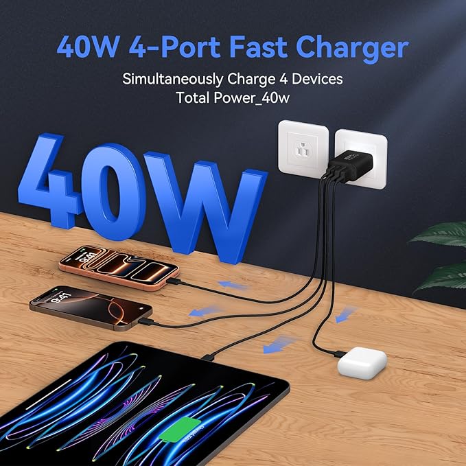 USB C Wall Fast Charger Block, 40W 4-Port Type C Chargers Fast Charging Blocks PD Power Charger Adapter+QC 3.0 USB Multiport Charger Brick for Phone 17/16/15/14/13/12 Pro Max, i-Pad, Galaxy S25-3Pack