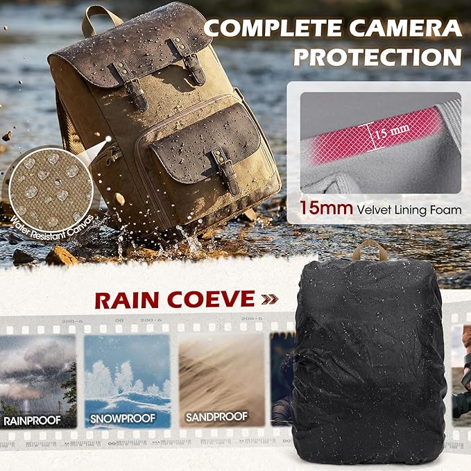 RAINSMORE Camera Bag Professional for DSLR/SLR Mirrorless Waterproof 15.6 Inch Laptop Photography Backpack with Side Access Rain Cover Tripod Holder Large Anti-Theft Camera Backpacks for Photographers