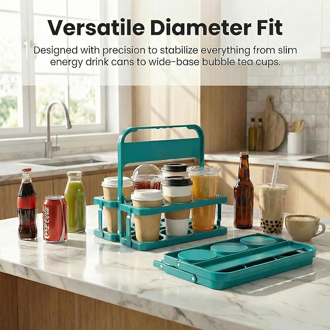 6 Cup Drink Carrier for Delivery - Foldable Drink Holder with Handle, Reusable Cup Carrier for Drinks, Portable Beverage Caddy Accessories for Parties, Camping, Car, Coffee & Bottles (Teal)