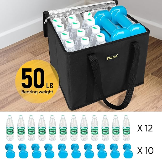 BALEINE 3Pk Insulated Reusable Grocery Bags, Foldable Shopping Bags for Groceries with Reinforced Bottom & Handles (Black)