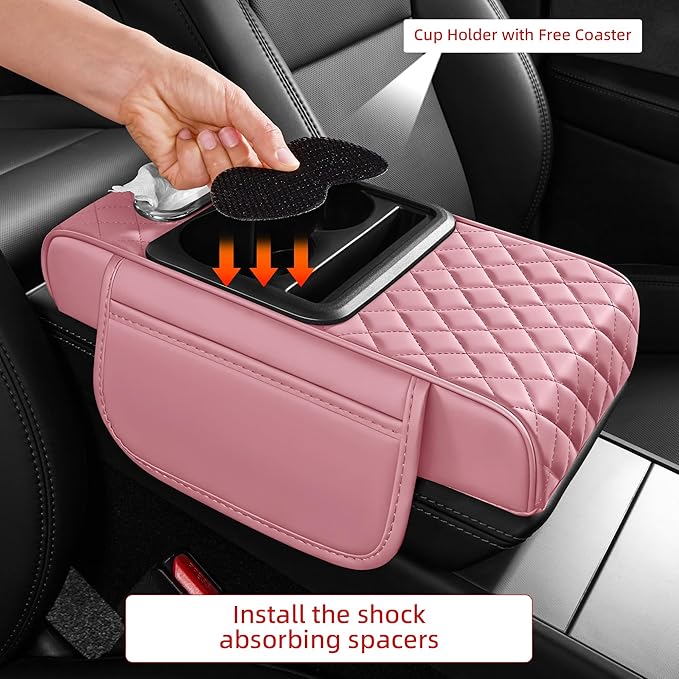 5 in 1 Car Center Console Cover, Armrest Pad with 2 Storage Pockets, Cup Holder, Tissue Slot, Phone Holder, Nappa Leather Memory Foam Car Accessories for SUV Sedan Truck (Pink)