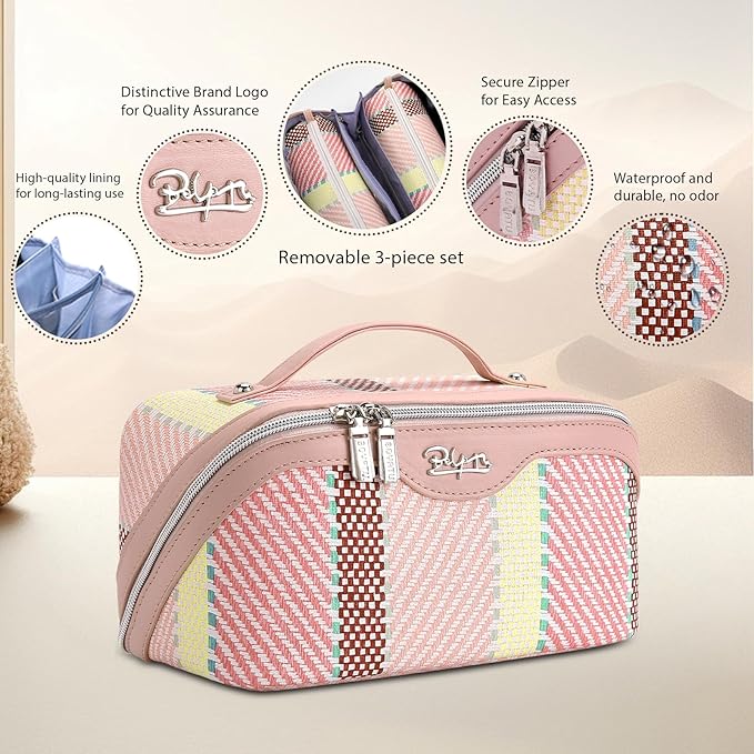 BOYATU Travel Makeup Bag Cosmetic Bag for Women: 3 Pcs Set Make up Bag with Compartments - Waterproof Vegan Leather Toiletry Bags with Handle - Makeup Organizer for Travel Essentials(C-3-Pink)