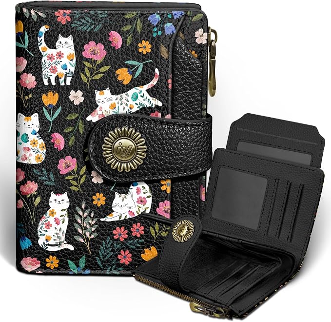 Icycay Flowers Cat Wallet Women Small RFID Blocking Bifold, Cute Credit Card Holder, Zipper Coin Pocket, PU Leather, Compact, Travel, 4 ID Window, 14 Card Slots, Cash Purse, Ladies Woman Female Girls