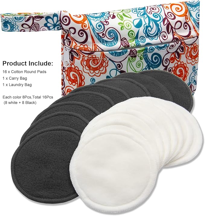 Pinowu Reusable Makeup Remover Pads (16pcs Pads + Carry Bag + Wash Bag), Washable Eco-Friendly Cotton Rounds Face Wipe for All Skin Types
