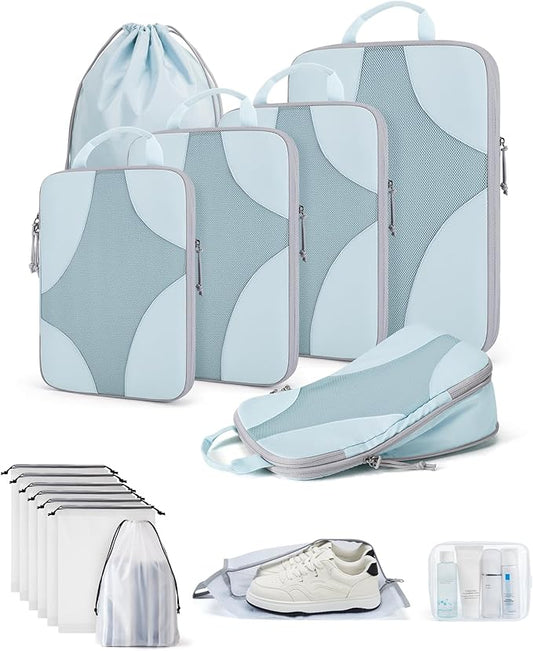 BAGSMART Compression Packing Cubes for Travel, 6 Set/14 Set Compressible Luggage Organizer for Cruise Ship, Lightweight Travel Essentials (1L+2M+2S+Shoe bag+Drawstring bag+Toiletry bag+6Plastic bags)