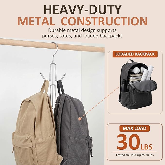ZEDODIER 2 Pack Purse Organizer for Closet, Heavy-Duty Hanging Purse Hanger Closet Holds Up to 12 Purses, Metal Rotating Space Saving Bag Holder Handbag Storage Hook Backpack Rack, Silver