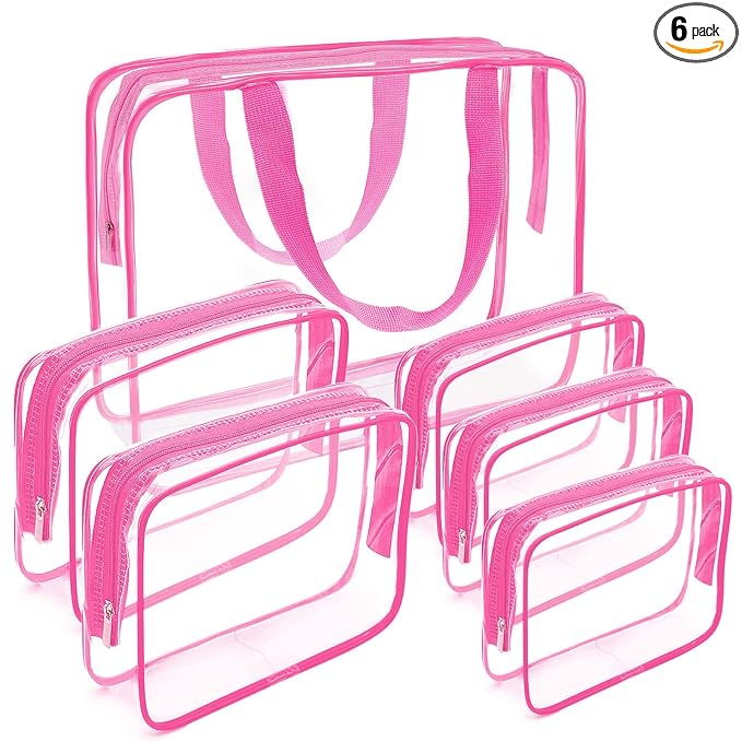 APREUTY Clear Makeup Bags, TSA Approved 6 Pcs Cosmetic Makeup Bags Set Clear PVC with Zipper Handle Portable Travel Luggage Pouch Airport Airline Vacation Organization (Rose Red)