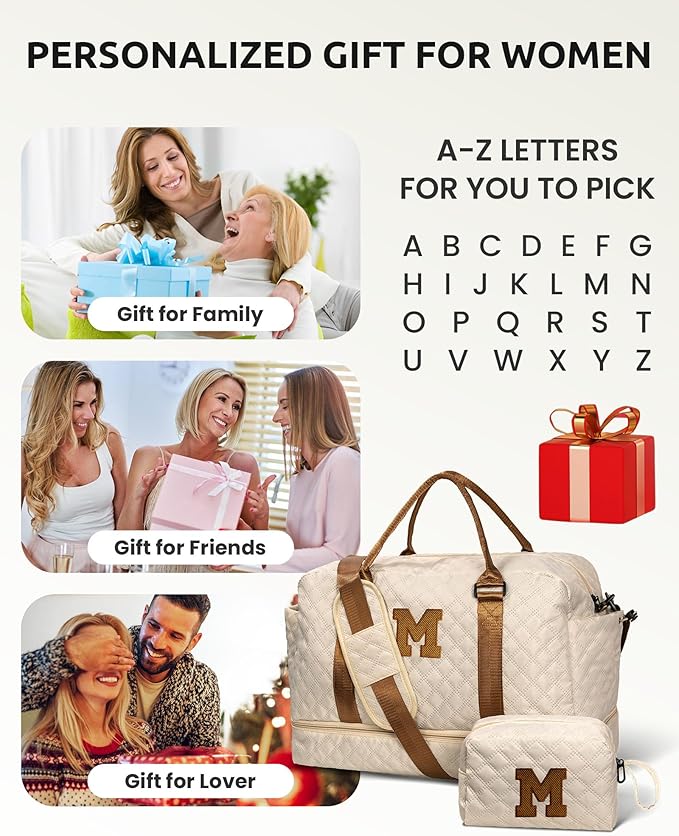 Travel Essential for Girls, Kids Duffle Bag with Shoe Compartment, Personalized Girl Weekender Bag, Gifts for Teenage Girls-Overnight Bag for Women, Travel Bag with Makeup Bag (Letter D)