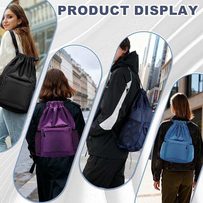 Tygelluis Drawstring Backpack, Waterproof Gym Bag with Water Bottle Pocket for Women Men, Pull String Sport Bag for Swim, Soccer and Basketball,Blue
