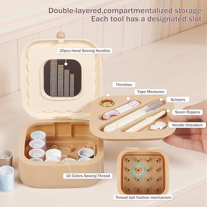 LOTOFUN Small Sewing Kit Box: Cookie Design Portable 2-Layer Organizer Magnetic Needle and Thread Kits Holder Basic Case - Travel Emergency Clothes Repair for Adults (Beige)
