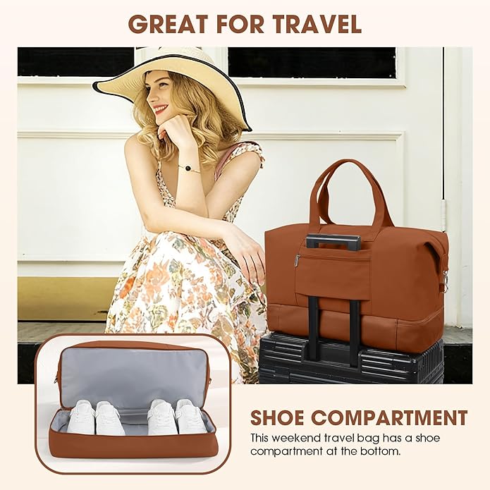 Women's Weekender bag Travel Duffel Bag with Shoe Compartment 21-inch Airline-Approved Carry-On, 2-Piece Overnight Bag Set Personal Item Luggage