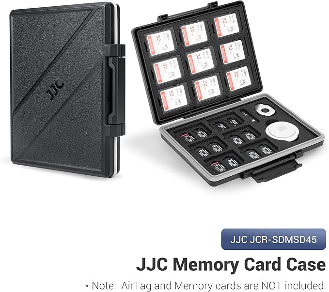 JJC 45 Slots Memory Card Case for 30 Micro SD and 15 SD Cards with AirTag Slot, Water-Resistant Anti-Shock Anti-Dust, Micro SDHC/SDXC TF Card and SD/SDHC/SDXC Holder Organizer Storage