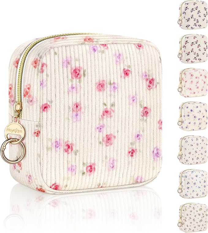 Floral Period Bag, Small Period Pouches for Teen Girls, Corduroy Sanitary Napkin Storage Bag, Compact Discreet Pad and Tampon Holder for Purse (Floral-Rose Pink)