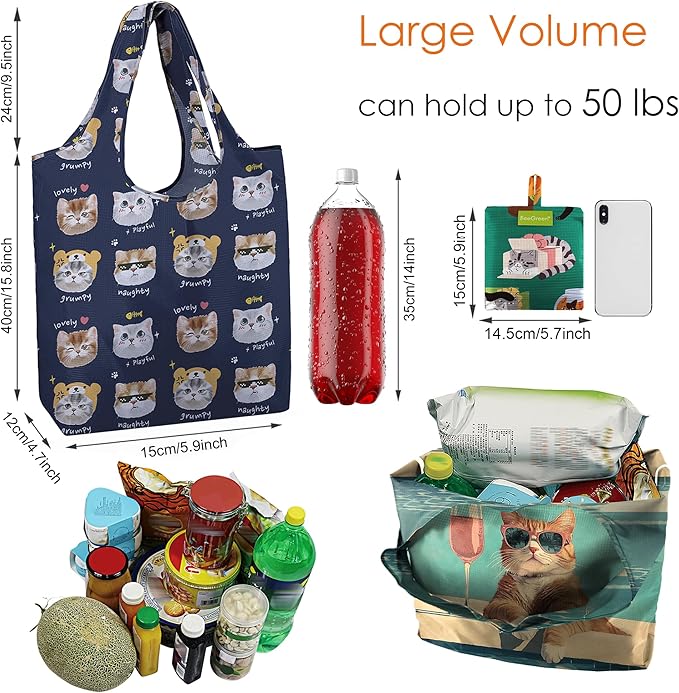 BeeGreen Cat Reusable Shopping Bags Cute Grocery Bag 6 Pack, Christmas Gift Bags Heavy-Duty Foldable Shopping Totes for Supermarket, Work & Travel, Large Washable Polyester Tote Bag with Handles